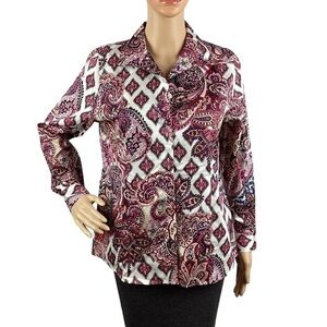 Chico's No-Iron Petite Sateen Menswear Mix Print Wing Collar Shirt Size SP